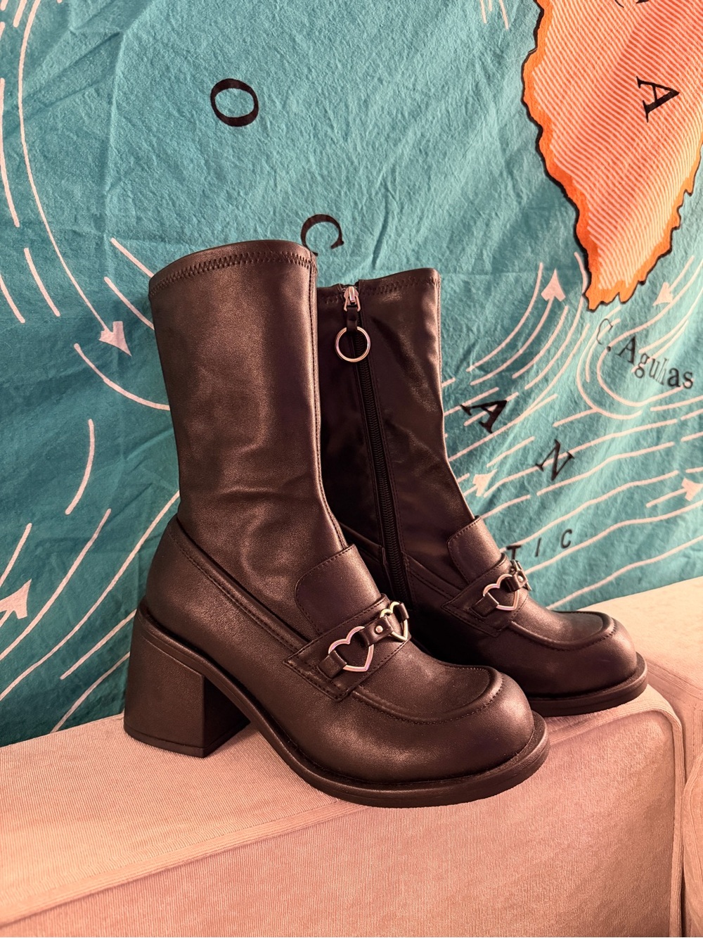 Dollskill black Women's Mid-Calf Block Heel Mary Jane Boots with Heart Chain